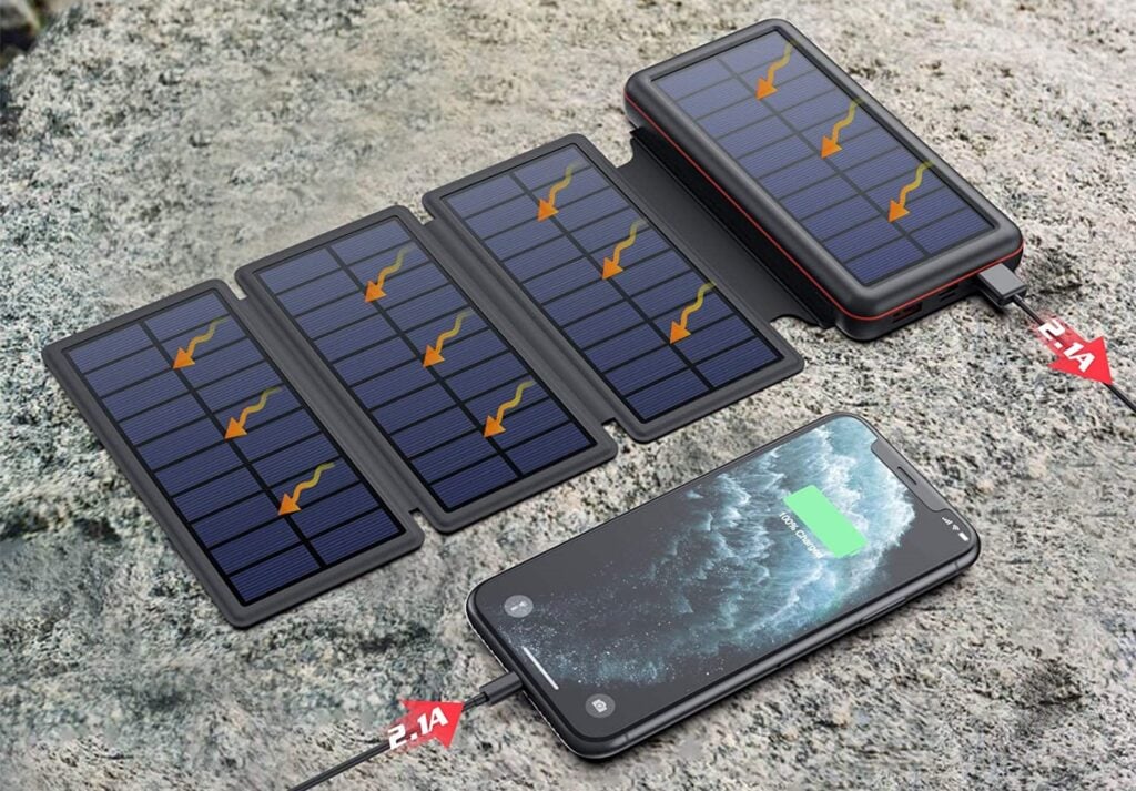 Carica batteria, pannello solare, pieghevole, con 4 pannelli solari, 3 cavi per smartphone C, USB, iPhone, 20.000mAh, nero arancione, ideale per giornate di sole, al mare, in montagna, in cam