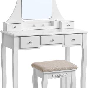Tavolo da Trucco con Grande Specchio Senza Cornice per Il Make Up, colore bianco