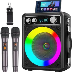 Karaoke portatile, altoparlante Bluetooth portatile con 2 microfoni wireless, sistema PA per adulti e bambini con luci LED, supporta TWS/Rec/FM/AUX/USB/TF per feste a casa